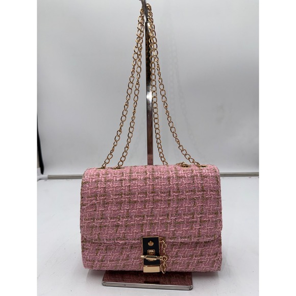 Unbranded Handbags - Pink Tweed Gold Metallic Chain Strap Fashion Shoulder Bag with Turn Lock Closure